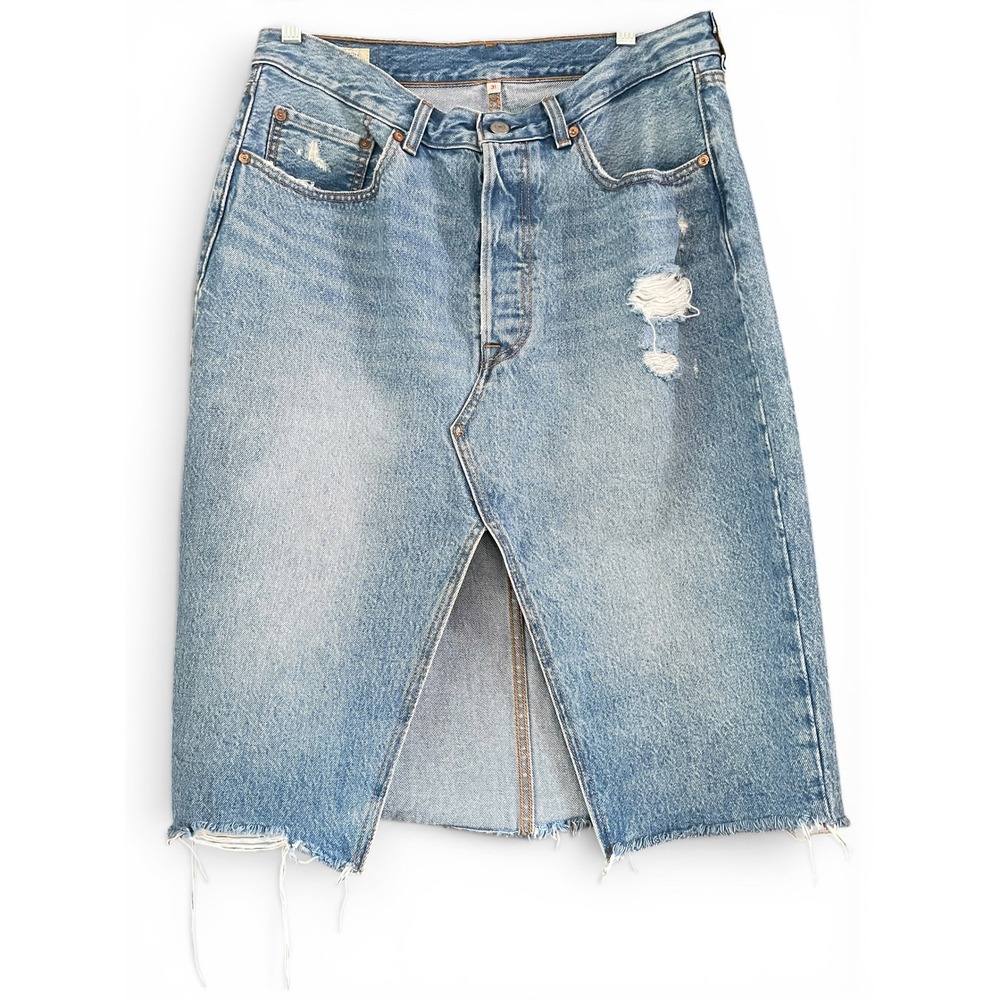 Levi's‎ Premium Deconstructed Denim Skirt 31 Button Fly Distressed Medium Wash